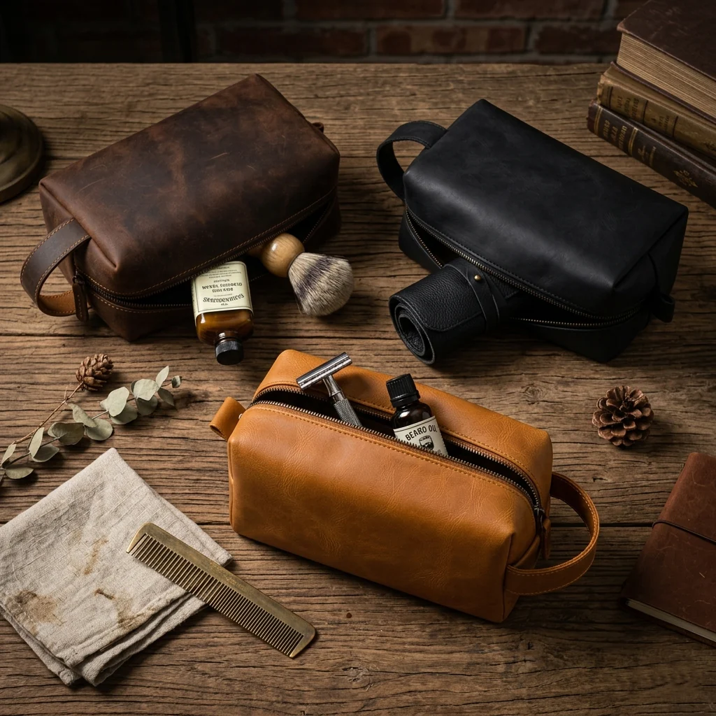 Leather Toiletry Bag Set Grey Color