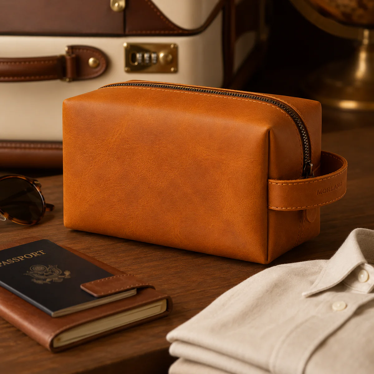 Luxury Leather Toiletry Bag Tan Color