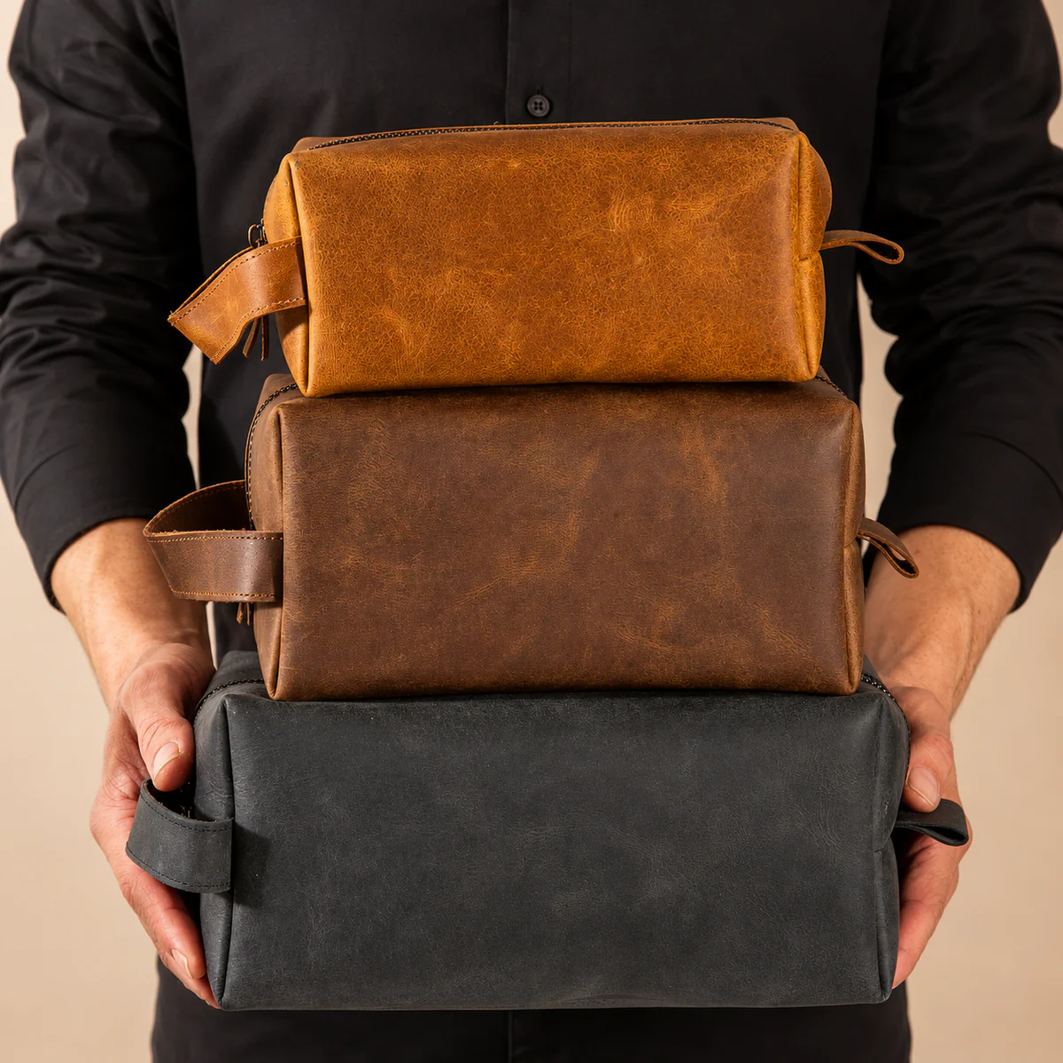 Leather Toiletry Bag Set Grey Color