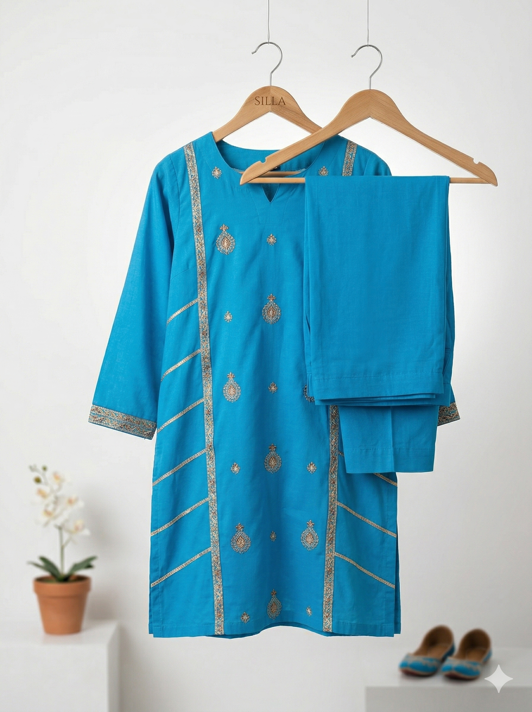 Embroidered Blue Cotton Kurta Set