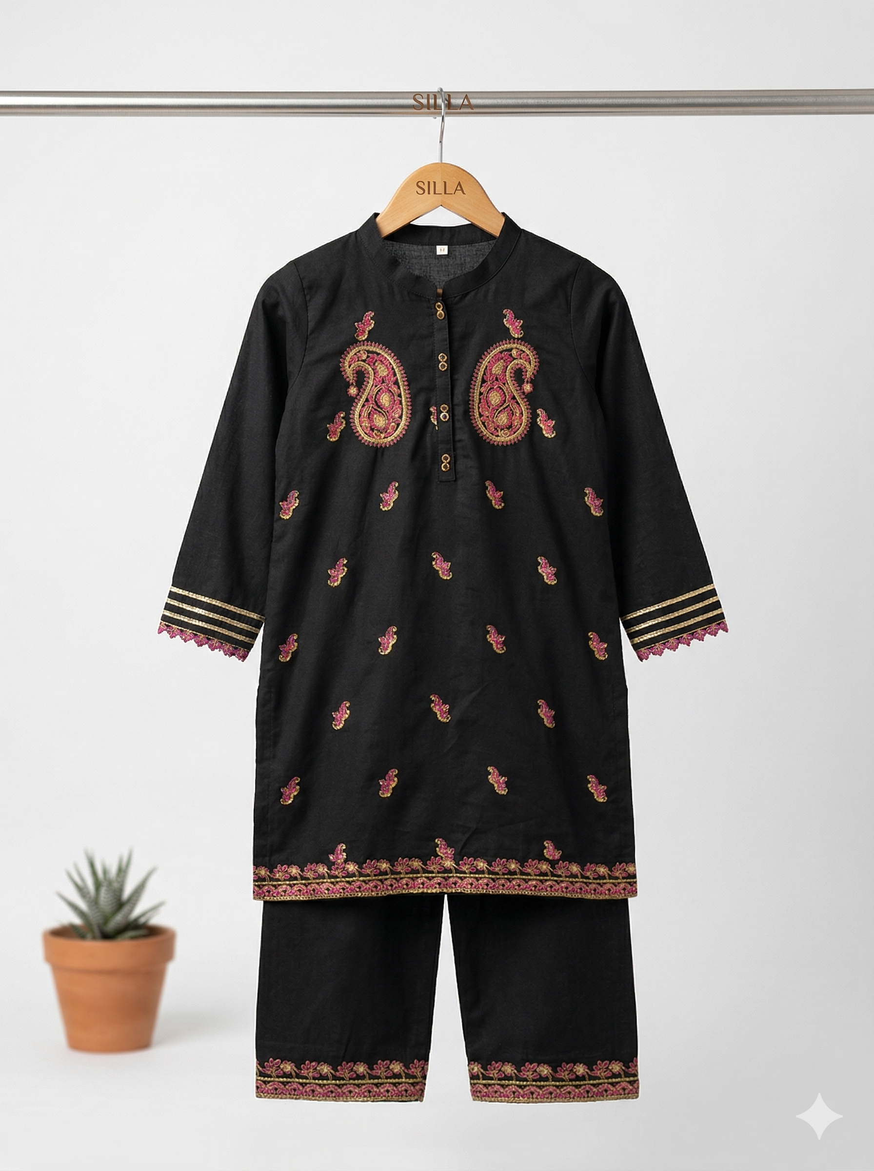 Black Embroidered Kids Kurta Set