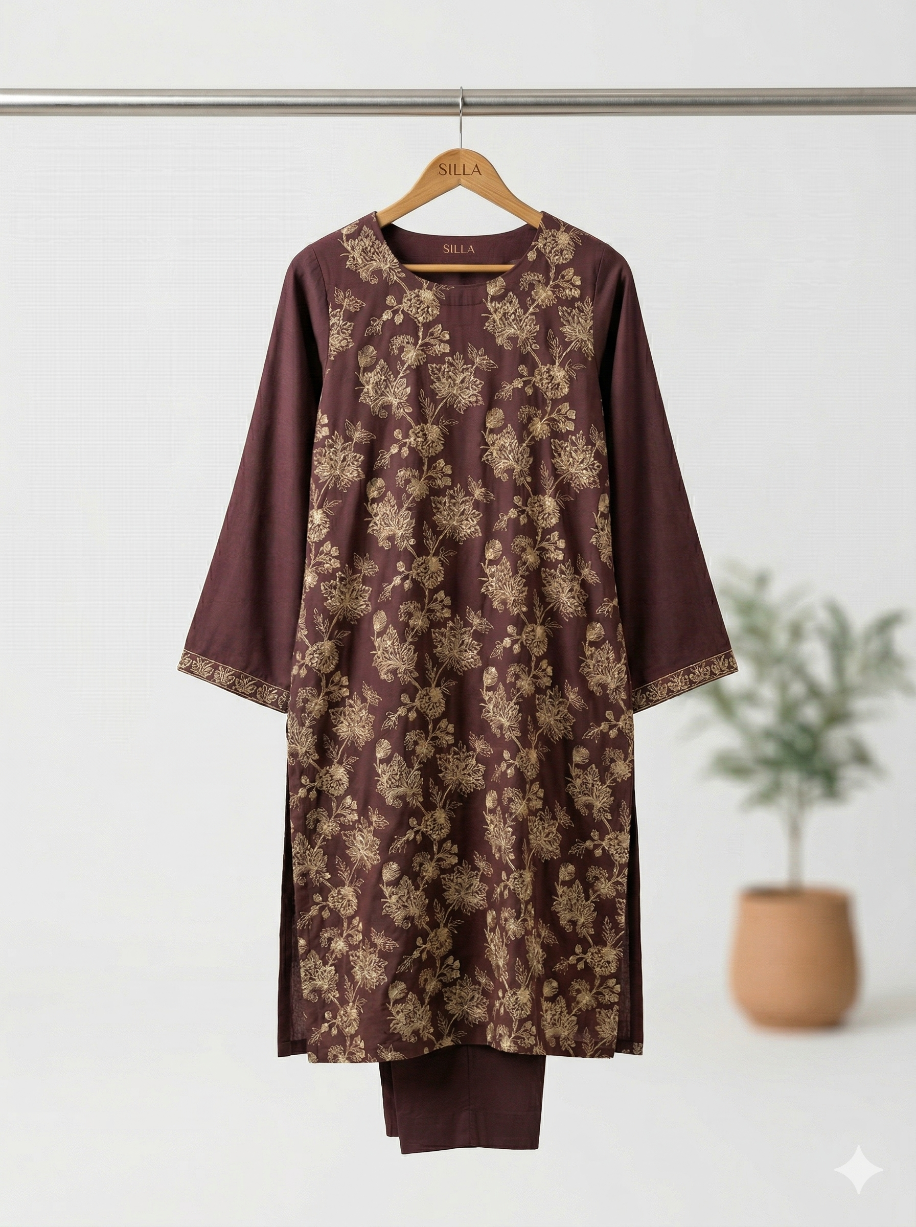 Maroon Floral Embroidered Suit