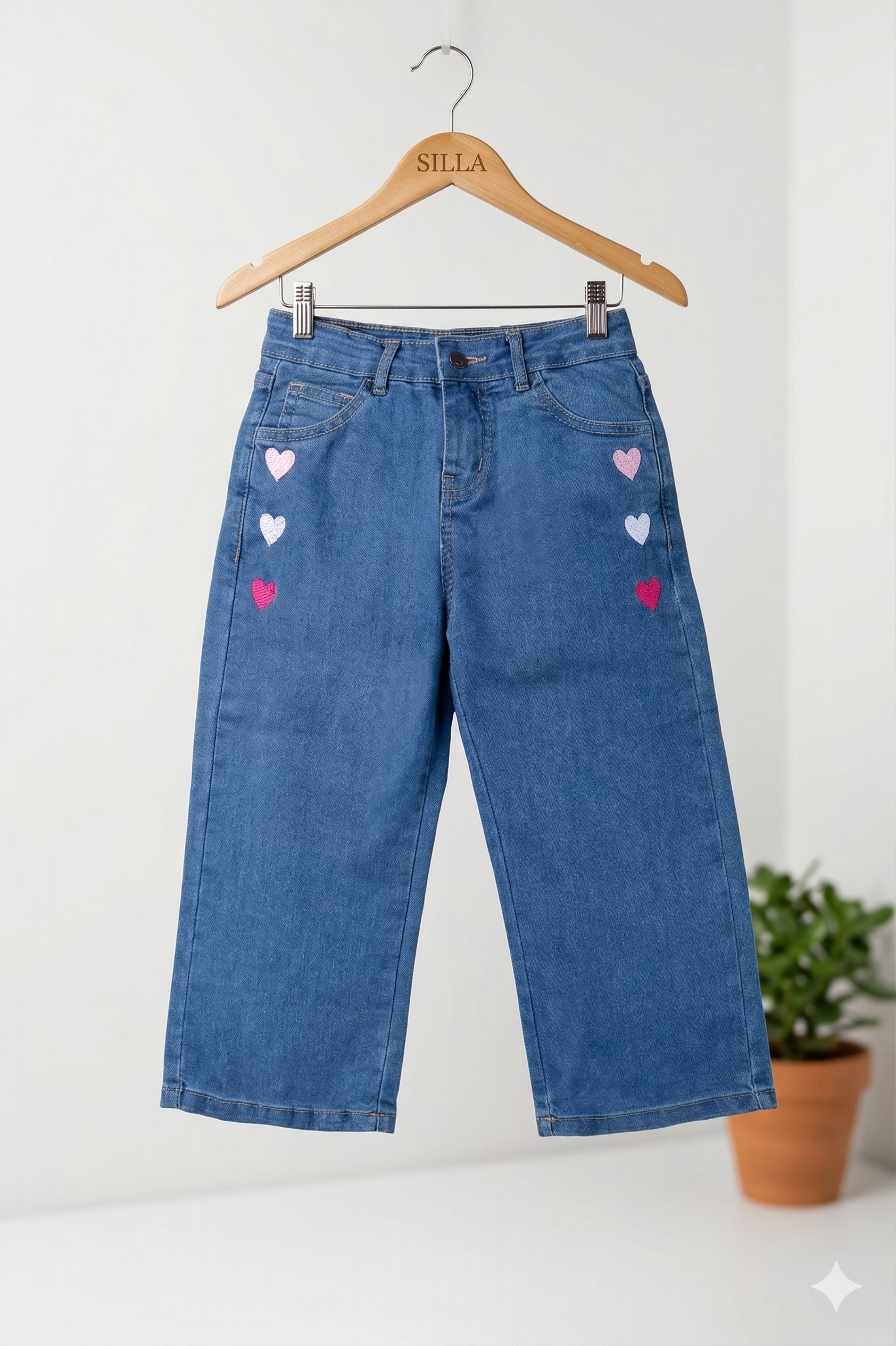 Heart Embroidered Blue Jeans
