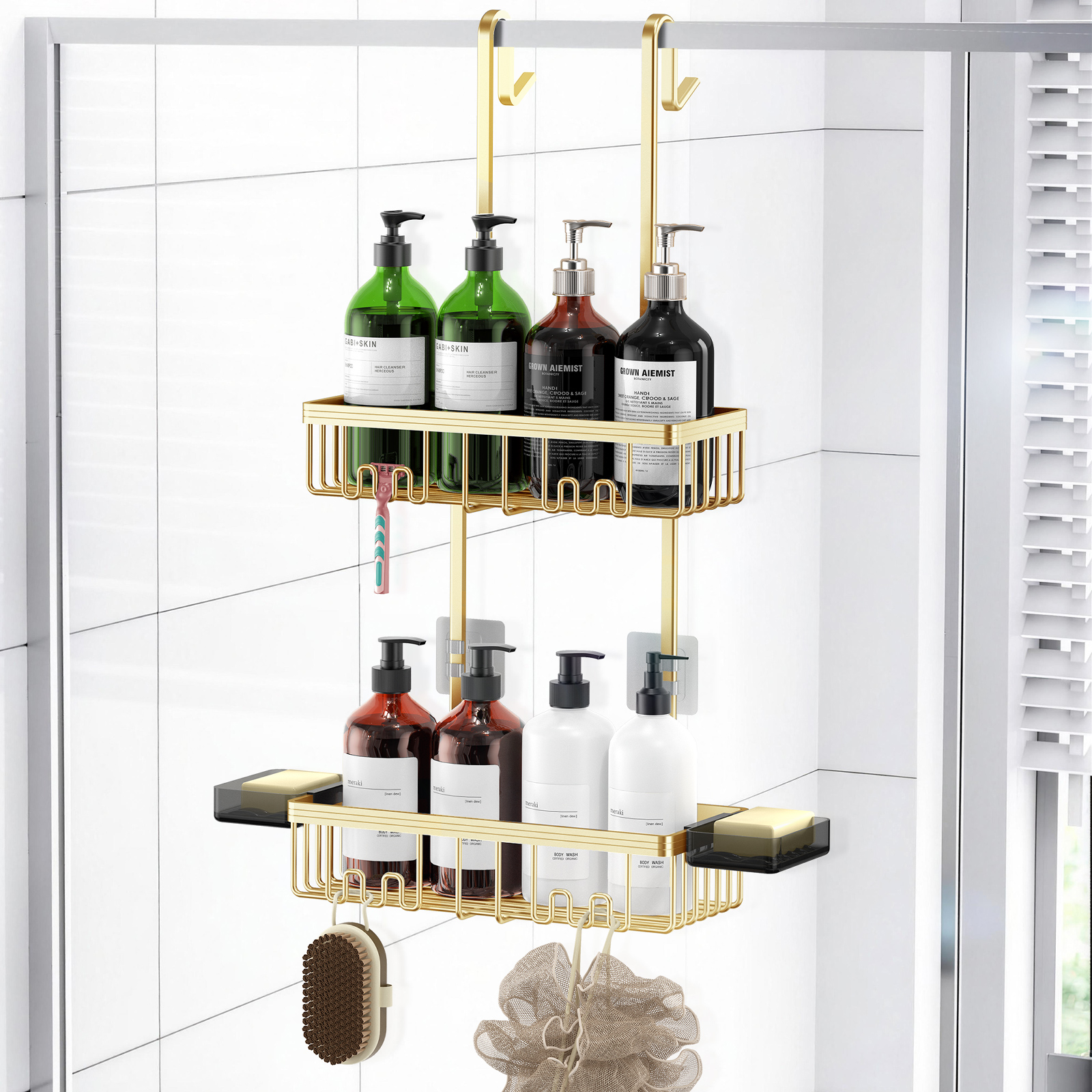 Over the Door Shower Caddy Hanging With Double Soap Holder Never Rust Aluminum Shower Shelf With 4 Hooks Hanging Bathroom Organizer No Drilling Shelves for Bathroom Storage Gold