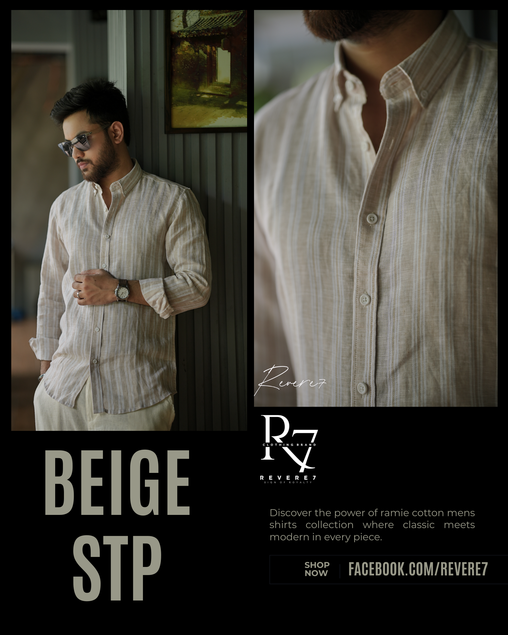 Beige Striped Ramie Cotton Shirt