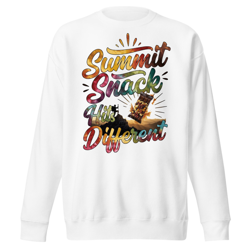 Summit Snack Hits Different - Tie-Dye Hiker Trail Mix Graphic Unisex Premium Sweatshirt