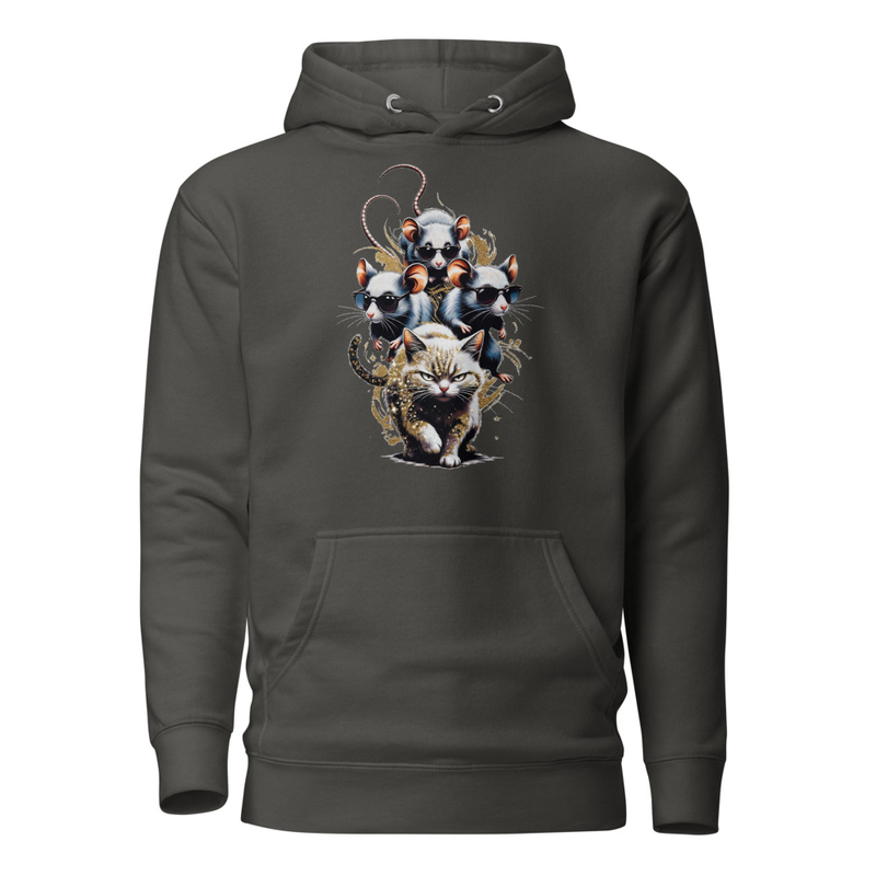 Three Mice on Cat – Blind Mice Riding Grumpy Cat Unisex Hoodie