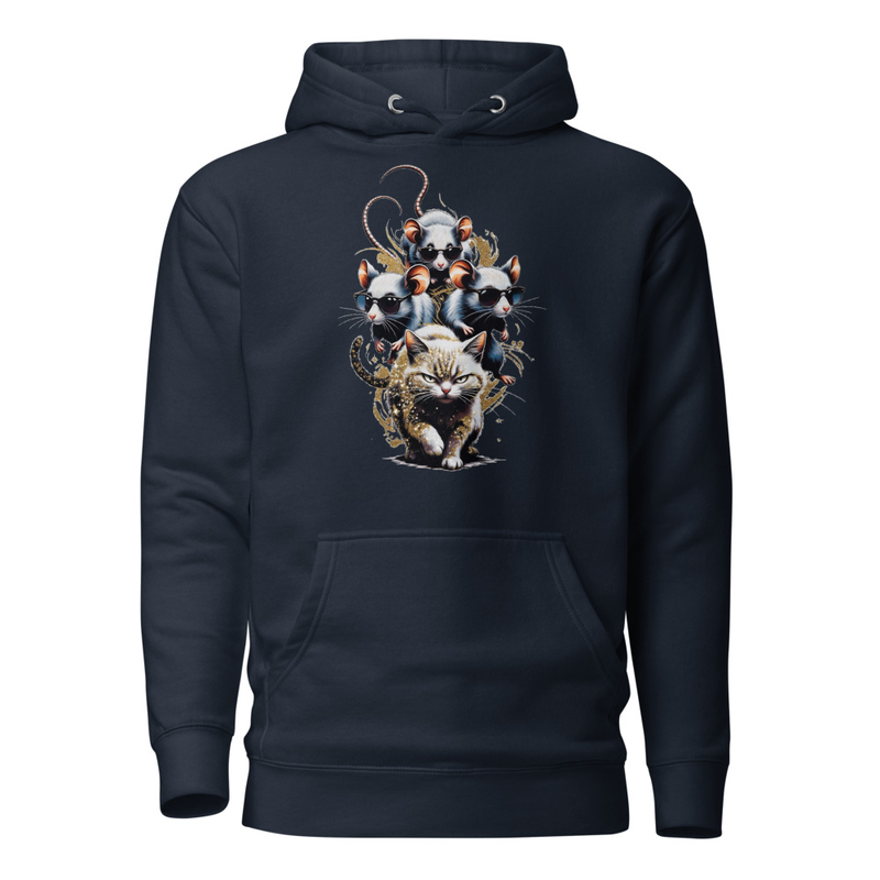 Three Mice on Cat – Blind Mice Riding Grumpy Cat Unisex Hoodie
