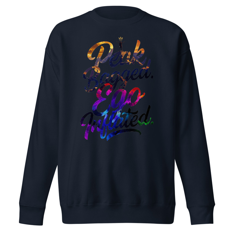 Peak Bagged, Ego Inflated - Satirical Hiker Script Unisex Premium Sweatshirt