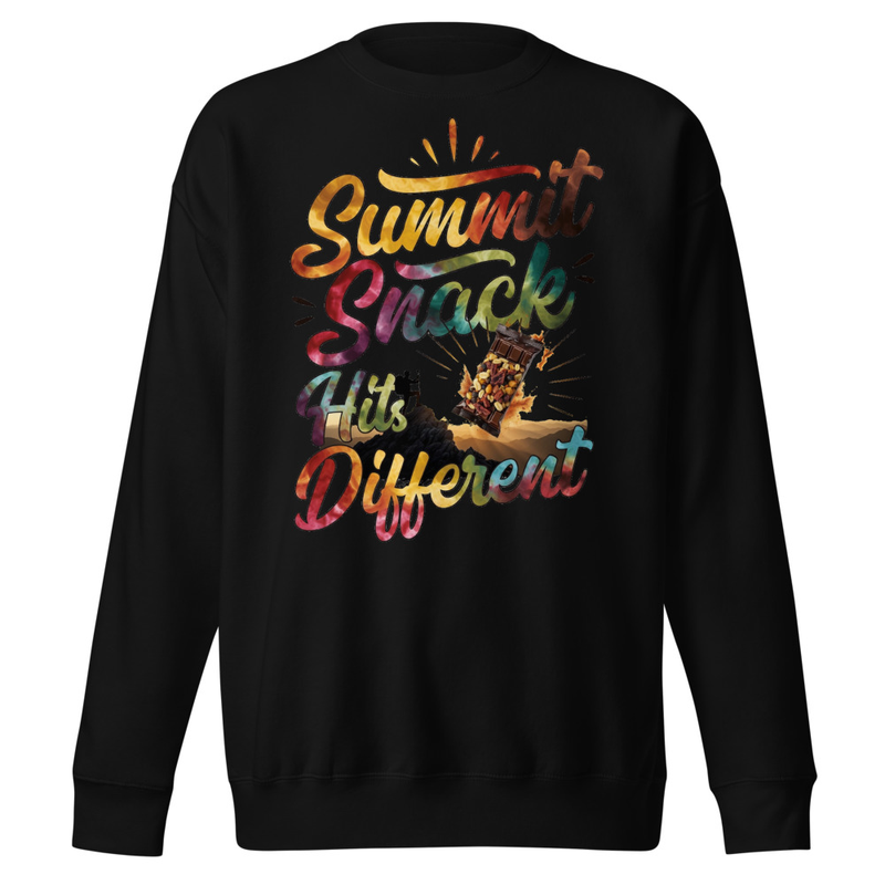 Summit Snack Hits Different - Tie-Dye Hiker Trail Mix Graphic Unisex Premium Sweatshirt