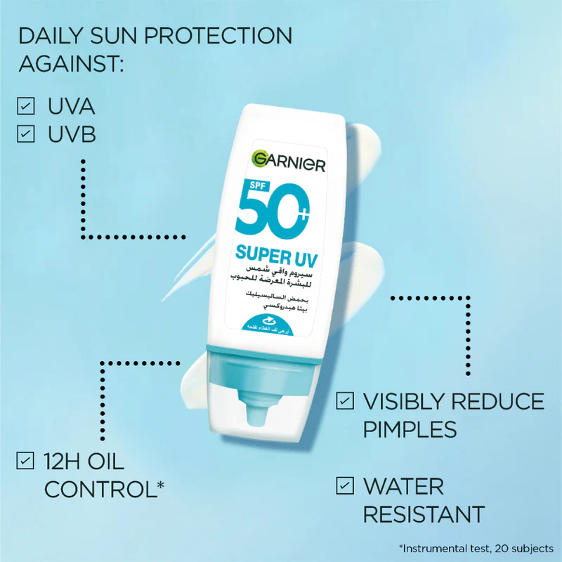 Garnier Super UV Anti-Acne SPF50+ Sunscreen 12H Oil Control 30ml