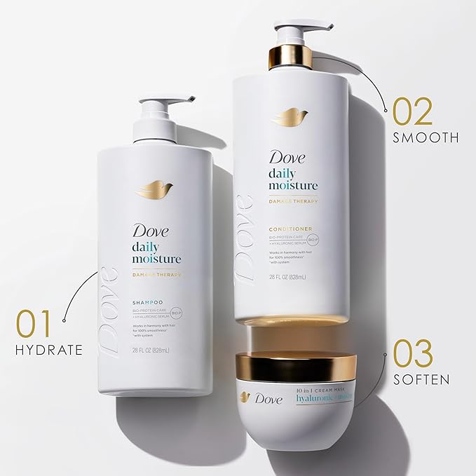 Dove Damage Therapy Shampoo Daily Moisture for Dry Hair with Bio-Protein Care Technology and Hyaluronic Serum 28 Fl Oz Pack of 3