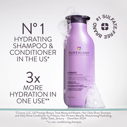 Pureology Hydrate Shampoo - For Dry or Color Treated Hair, Moisturizing Shampoo For Hydration & Softness, With Rose Extract & Green Tea, Vegan & Sulfate-Free
