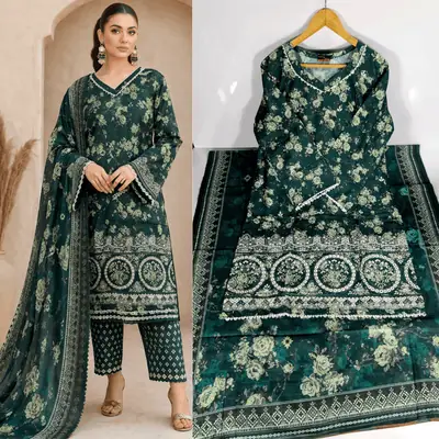 Green 3pcs stitched lawn suits for women's