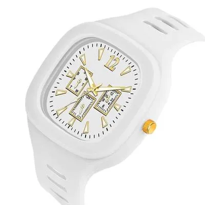 White Square Analog Watch with Gold Accents for Men – Luxury Quartz Stainless Steel Wrist Watch in Pakistan | Lureena