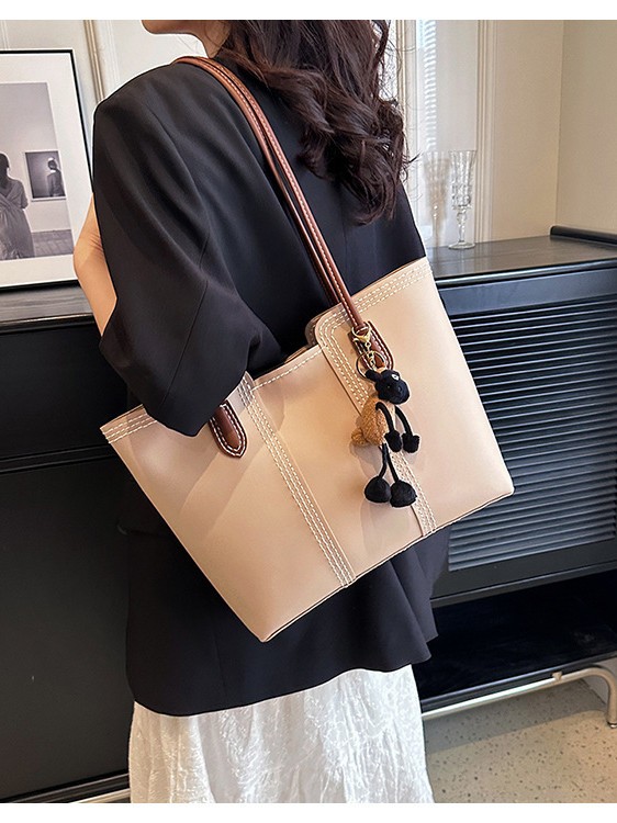 Stylish Beige Tote Bag with Pendant for Women – Premium PU Leather Shoulder Handbag in Pakistan | Lureena