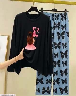 Black Butterfly Print Night Suit for Women – Soft Long Sleeve Pajama Set Size 28 in Pakistan | Lureena