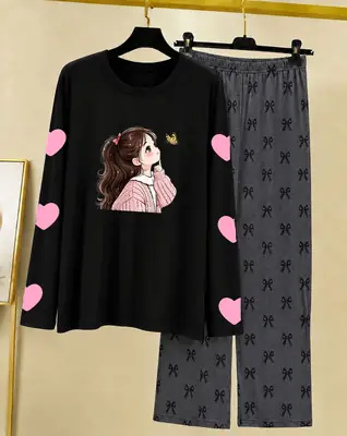 2 Pcs Women's Stitched Cotton Jersey Printed Night Suit – Soft Ladies Sleepwear in Pakistan | Lureena