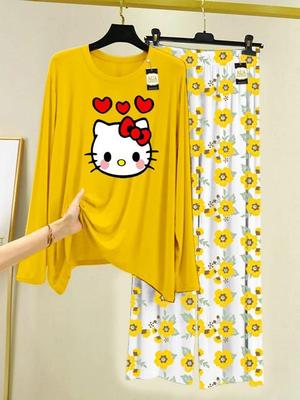 Kitty Printed Night Suit for Girls Yellow 2 Pcs