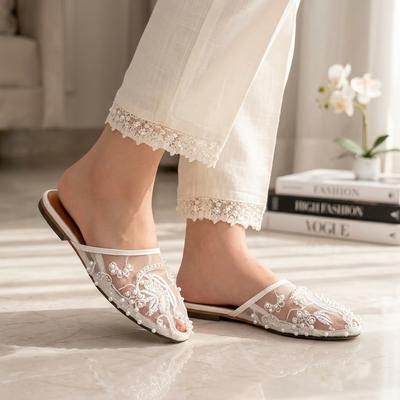 White Lace Embroidered Women's Slippers – Elegant Flat Slip-On Sandals for Ladies in Pakistan | Lureena