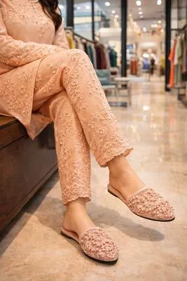 Beige Embroidered Flat Slippers for Women – Comfortable Casual Ladies Sandals in Pakistan | Lureena