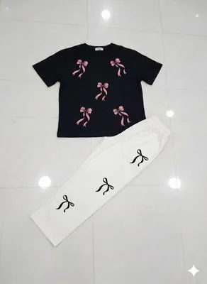 Bow Printed Night Suit for Girls White & Black – Soft Cotton Ladies Sleepwear in Pakistan | Lureena