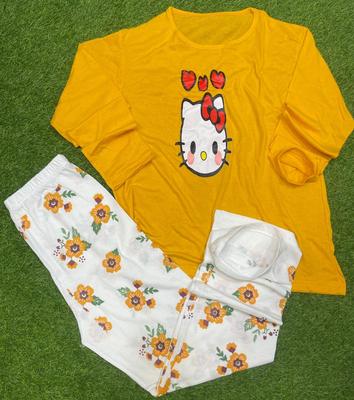 Kitty Printed Night Suit for Girls Yellow 2 Pcs