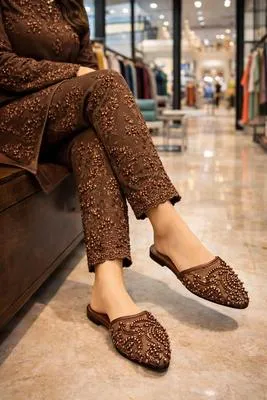 Brown Embroidered Women's Casual Flat Slippers – Comfortable Slip-On Ladies Sandals in Pakistan | Lureena