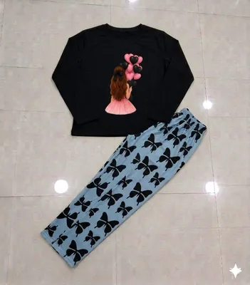 Black Butterfly Print Night Suit for Women – Soft Long Sleeve Pajama Set Size 28 in Pakistan | Lureena