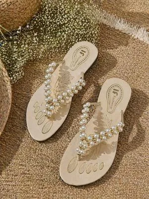 Pearl Embellished Flat Sandals for Women – Elegant Casual Slip-On Ladies Flats in Pakistan | Lureena