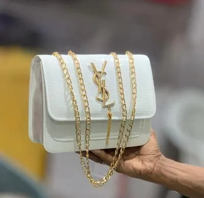 White Croc Leather Handbag with Gold Chain Strap for Women – Premium Shoulder & Crossbody Bag in Pakistan | Lureena