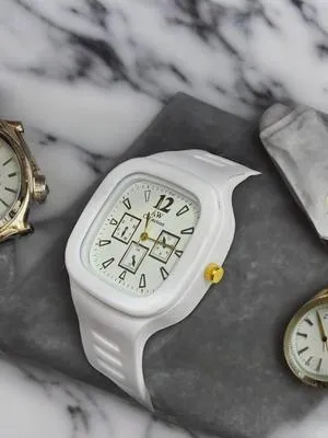 White Square Analog Watch with Gold Accents for Men – Luxury Quartz Stainless Steel Wrist Watch in Pakistan | Lureena