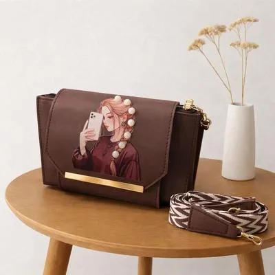Brown Printed Leather Women's Handbag with Adjustable Strap – Premium Shoulder & Crossbody Bag in Pakistan | Lureena