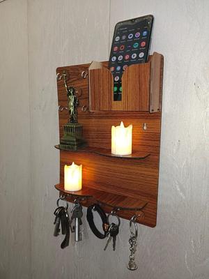 Wooden Keys & Phone Holder with 6 Hooks – Wall Mounted Key Organizer & Home Decor in Pakistan | Lureena