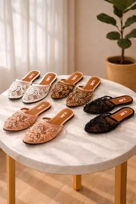 Beige Embroidered Flat Slippers for Women – Comfortable Casual Ladies Sandals in Pakistan | Lureena