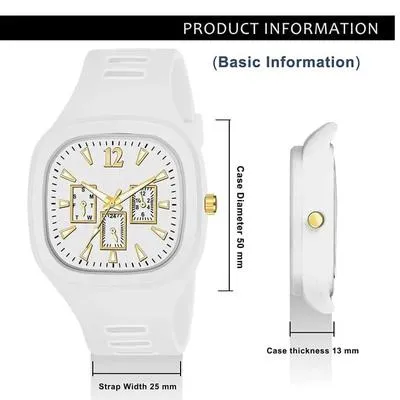 White Square Analog Watch with Gold Accents for Men – Luxury Quartz Stainless Steel Wrist Watch in Pakistan | Lureena