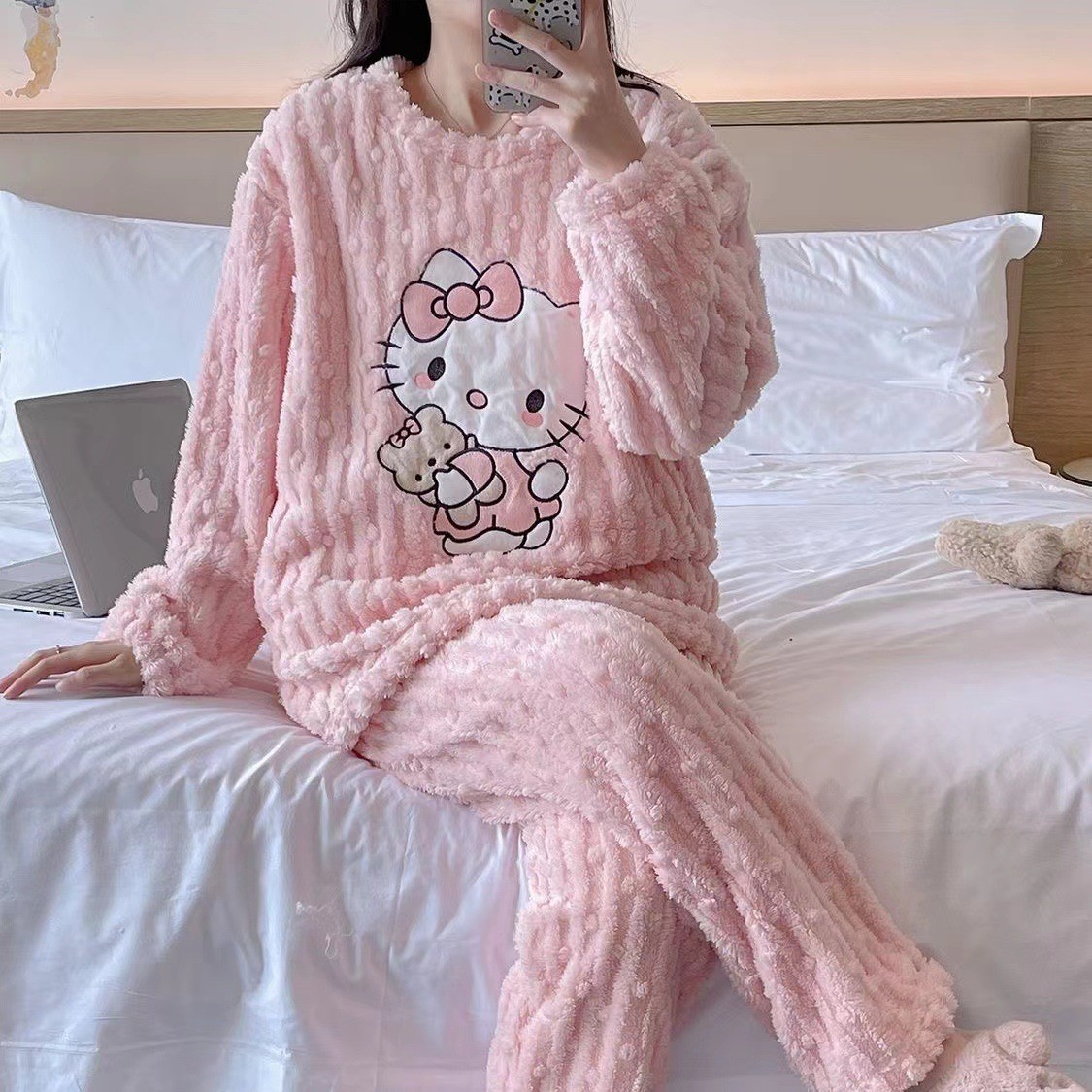 Women Fleece Kitty-Inspired Winter Pajamas – Soft Cartoon Home Wear & Night Suit in Pakistan | Lureena