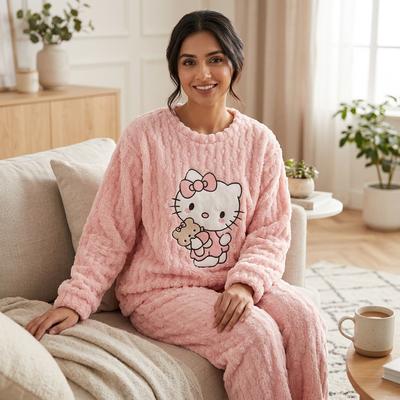 Women Fleece Kitty-Inspired Winter Pajamas – Soft Cartoon Home Wear & Night Suit in Pakistan | Lureena