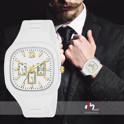 White Square Analog Watch with Gold Accents for Men – Luxury Quartz Stainless Steel Wrist Watch in Pakistan | Lureena