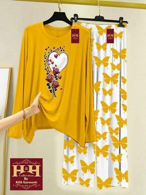 Printed Night Suit for Girls Yellow Cotton Jersey 2 Pcs