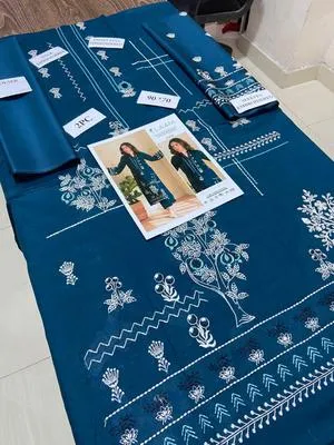 Blue Embroidered Lawn 2 Pcs Shirt Trouser Set – Women's Stitched Summer Suit in Pakistan | Lureena
