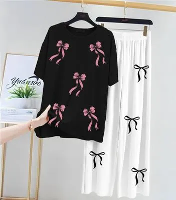 Bow Printed Night Suit for Girls White & Black – Soft Cotton Ladies Sleepwear in Pakistan | Lureena