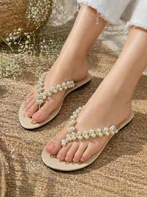 Pearl Embellished Flat Sandals for Women – Elegant Casual Slip-On Ladies Flats in Pakistan | Lureena