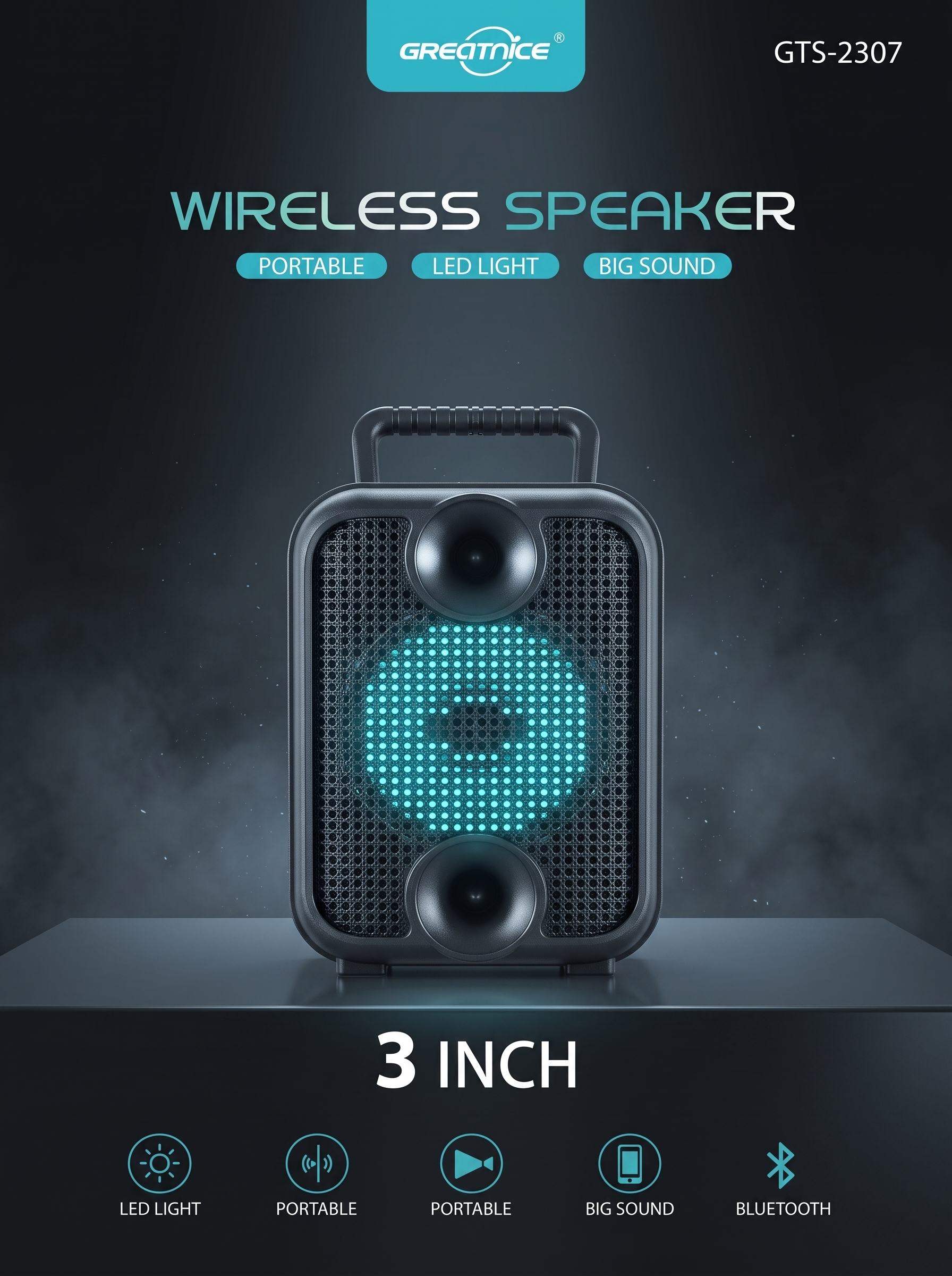 Wireless 3 Inch LED Bluetooth Speaker Black