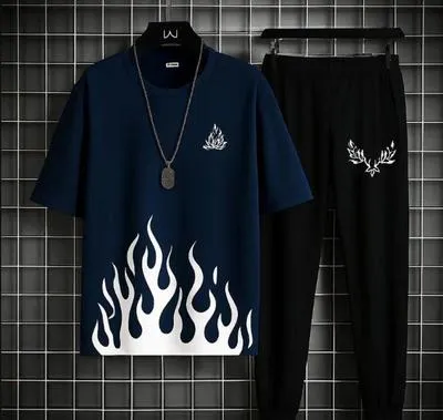 Blue Flame Print Track Suit for Men – Micro Interlock Casual Sports Wear in Pakistan | Lureena