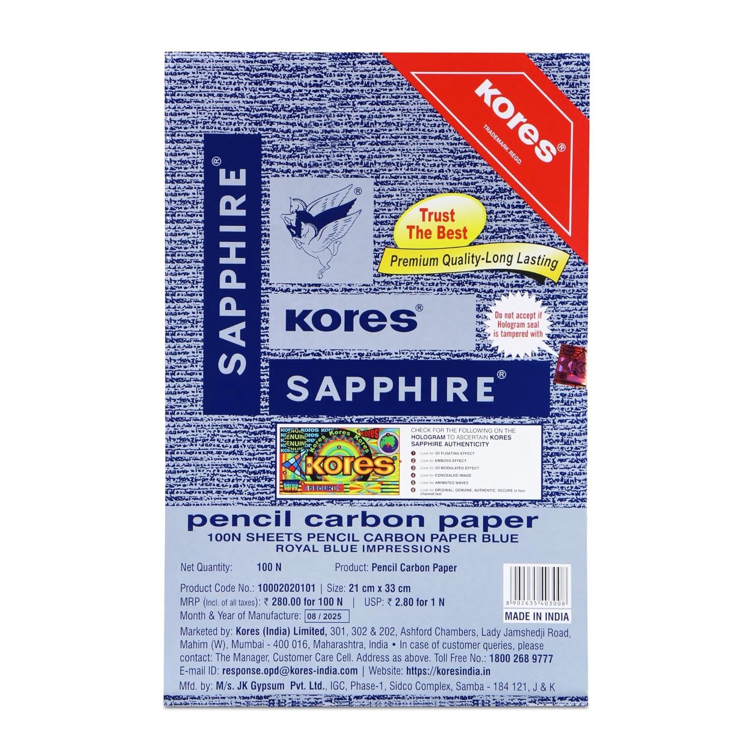 Kores Sapphire Pencil Carbon Paper (Pack of 100 copy)