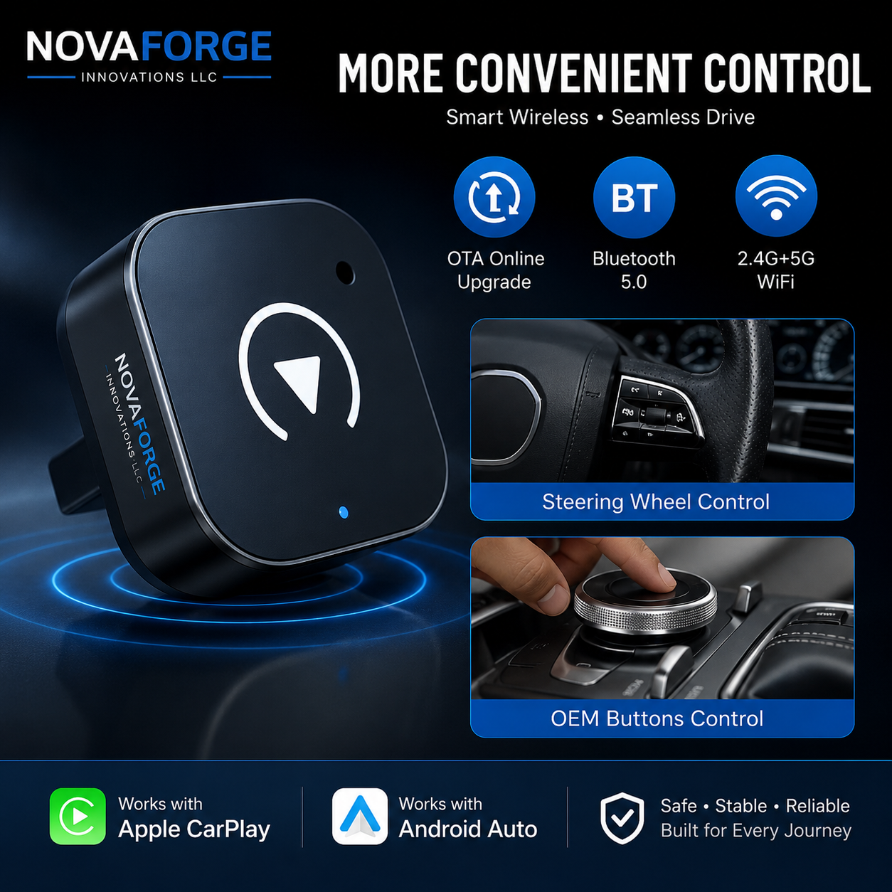 NovaForge Drive™ Wireless CarPlay & Android Auto Adapter