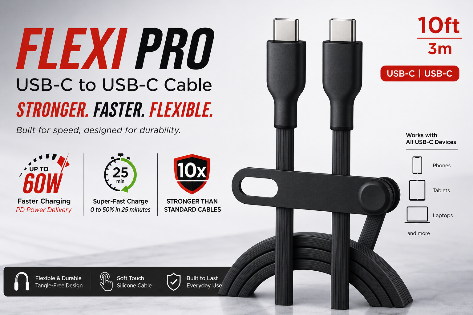 60W USB-C to USB-C Silicone Fast Charging Cable – 10 ft (3 m) | Soft-Touch, Tangle-Free, PD Charging