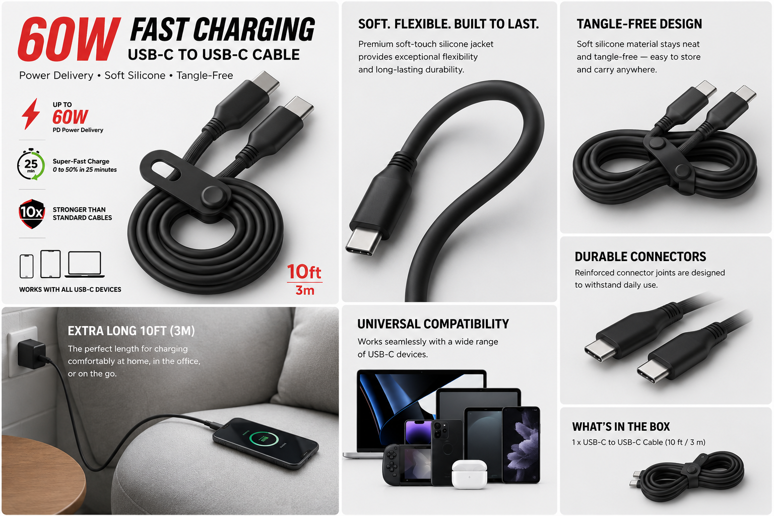 60W USB-C to USB-C Silicone Fast Charging Cable – 10 ft (3 m) | Soft-Touch, Tangle-Free, PD Charging