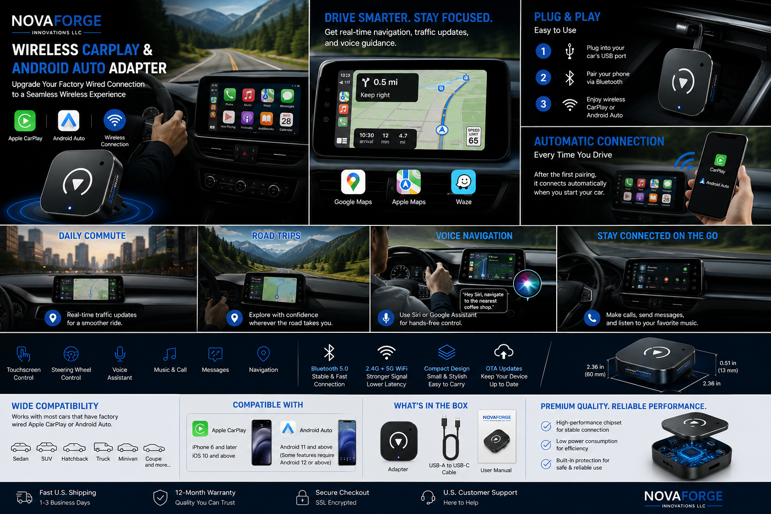 NovaForge Drive™ Wireless CarPlay & Android Auto Adapter